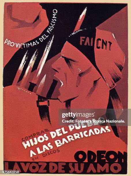 'Hijos del pueblo a las barricadas', Postcard of propaganda in favor of the Republic 'Pro victimas of fascism', Lithograph in color, Spain 1936.