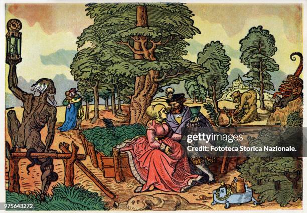 Allegorical illustration on the dangers of love. Lady and knight entertain pleasantly in the garden of love: syphilis and death, symbolized by...