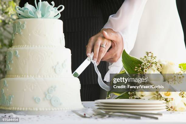 newlyweds slicing wedding cake - formal party stock pictures, royalty-free photos & images