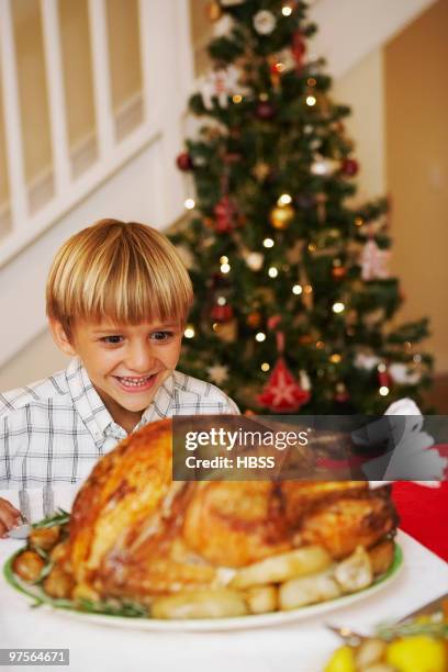 young boy staring at roast turkey - naughty christmas ornaments stock pictures, royalty-free photos & images