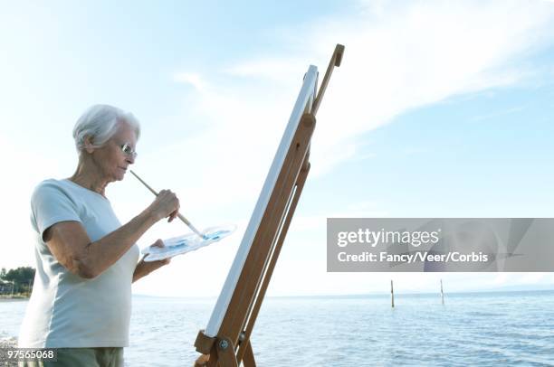 woman painting near ocean - imagem super exposta - fotografias e filmes do acervo