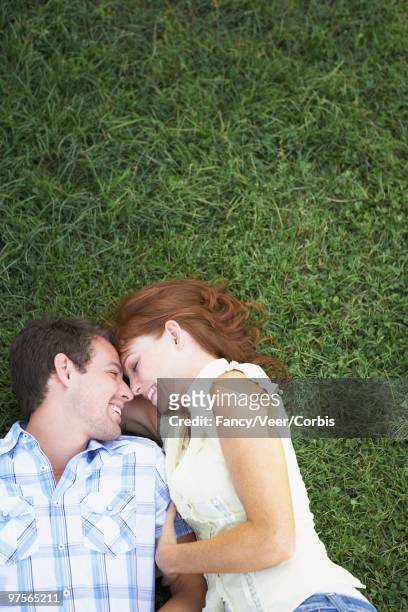 couple lying down in the grass - down blouse stock pictures, royalty-free photos & images