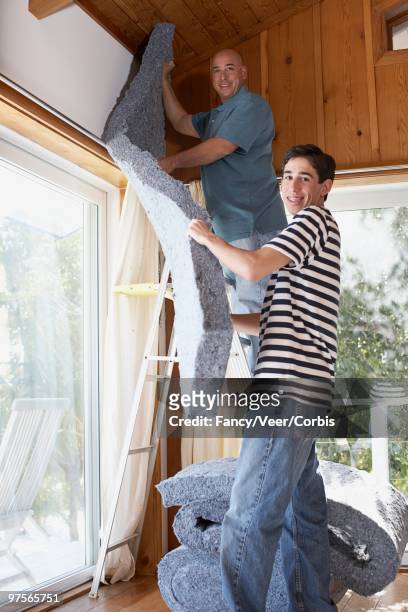 father and son installing insulation - house insulation not posing stock pictures, royalty-free photos & images