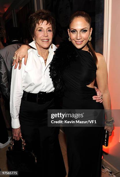 Jane Fonda and Jennifer Lopez attends the 2010 Vanity Fair Oscar Party hosted by Graydon Carter at the Sunset Tower Hotel on March 7, 2010 in West...