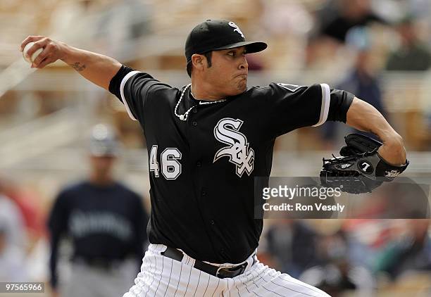 Sergio Santos of the Chicago White Sox pitches against the Seattle Mariners on March 8, 2010 at The Ballpark at Camelback Ranch in Glendale, Arizona.
