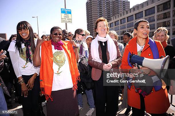 Model Naomi Campbell, Secretary General of the World YWCA, Nyaradzai Gumbonzvanda, former President of Ireland, Mary Robinson, and founder of Women...