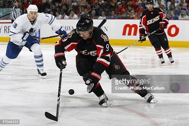 Milan Michalek of the Ottawa Senators skates with the puck against the Toronto Maple Leafs in a game at Scotiabank Place on March 6, 2010 in Ottawa,...