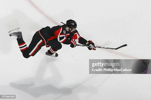 Milan Michalek of the Ottawa Senators skates with the puck against the Toronto Maple Leafs in a game at Scotiabank Place on March 6, 2010 in Ottawa,...