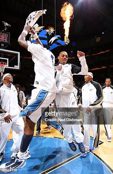 Randy Foye of the Washington Wizards is greeted by teammates before the game against the New York Knicks on February 26, 2010 at the Verizon Center...