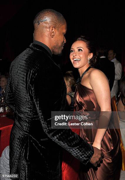 Actors Jamie Foxx and actress Hayden Panettiere attend the 18th Annual Elton John AIDS Foundation Oscar party held at Pacific Design Center on March...