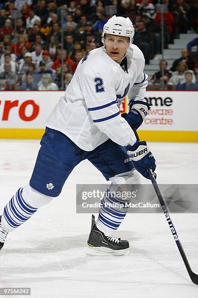 Luke Schenn of the Toronto Maple Leafs skates against the Ottawa Senators in a game at Scotiabank Place on March 6, 2010 in Ottawa, Canada.