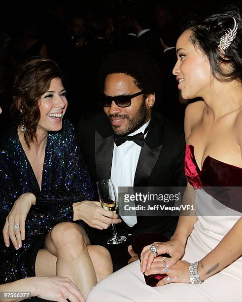 Actress Marisa Tomei, musician Lenny Kravitz and singer Zoe Kravitz attend the 2010 Vanity Fair Oscar Party hosted by Graydon Carter at the Sunset...