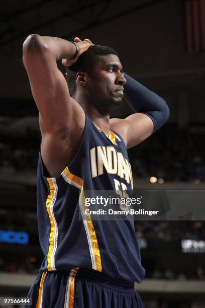Roy Hibbert of the Indiana Pacers stands on the court during the game against the Dallas Mavericks at the American Airlines Center on February 22,...