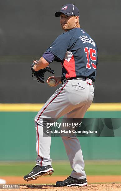 Tim Hudson of the Atlanta Braves pitches against the Detroit Tigers during a spring training game at Joker Marchant Stadium on March 8, 2010 in...