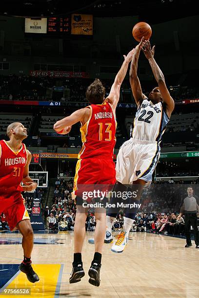 Rudy Gay of the Memphis Grizzlies takes a jump shot against David Andersen of the Houston Rockets during the game on February 5, 2010 at FedExForum...