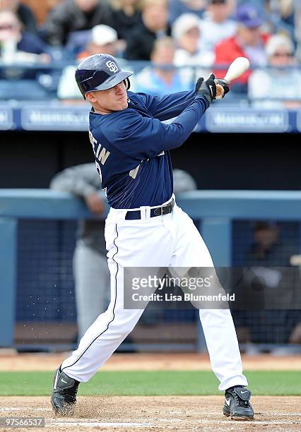 David Eckstein of the San Diego Padres bats during a Spring Training game against the Colorado Rockies on March 8, 2010 at Peoria Stadium in Peoria,...