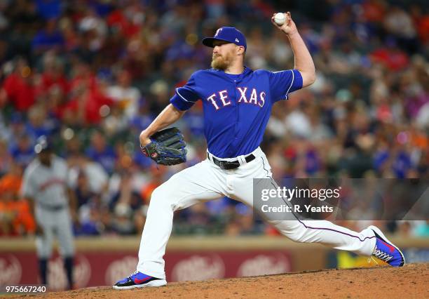 Jake Diekman of the Texas Rangers throws in the ninth inning against the Houston Astros at Globe Life Park in Arlington on June 9, 2018 in Arlington,...