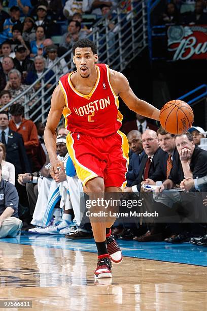 Garrett Temple of the Houston Rockets drives the ball downcourt against the New Orleans Hornets during the game on February 21, 2010 at the New...