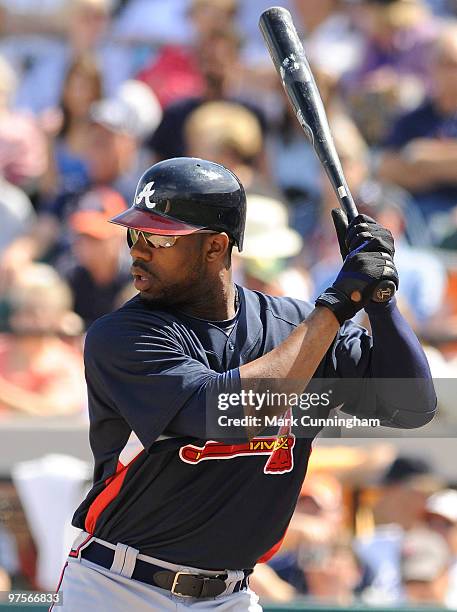 Jason Heyward of the Atlanta Braves bats against the Detroit Tigers during a spring training game at Joker Marchant Stadium on March 8, 2010 in...