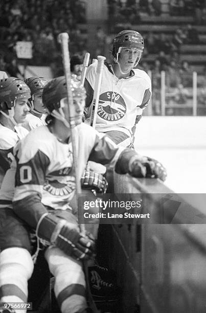 Sault Ste. Marie Greyhounds Wayne Gretzky on bench during game vs Peterborough Petes. Ontario Hockey League. Sault Ste. Marie, Canada 1/13/1978...