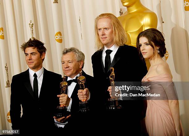 Actor Zac Efron and actress Anna Kendrick pose with Ray Beckett , winner Best Sound Mixing for "The Hurt Locker," and Paul N.J. Ottosson , winner...
