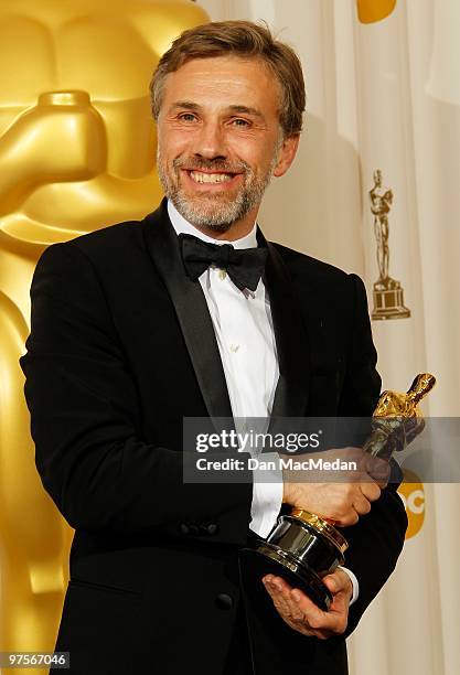 Actor Christoph Waltz, winner for Best Supporting Actor for "Inglorious Basterds" poses in the press room at the 82nd Annual Academy Awards held at...