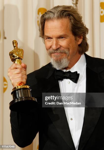 Actor Jeff Bridger, winner for Best Actor for "Crazy Heart" poses in the press room at the 82nd Annual Academy Awards held at the Kodak Theater on...