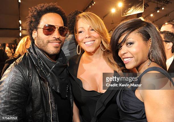 Lenny Kravitz, Mariah Carey and Taraji P. Henson backstage at the 25th Film Independent Spirit Awards held at Nokia Theatre L.A. Live on March 5,...