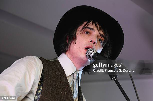 British singer Pete Doherty performs during the Joseph flagship opening, as part of Paris fashion week, at Joseph store on March 8, 2010 in Paris,...