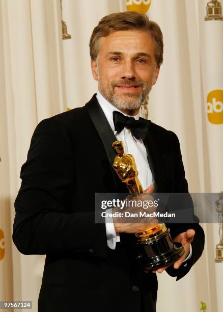 Actor Christoph Waltz, winner for Best Supporting Actor for "Inglorious Basterds" poses in the press room at the 82nd Annual Academy Awards held at...