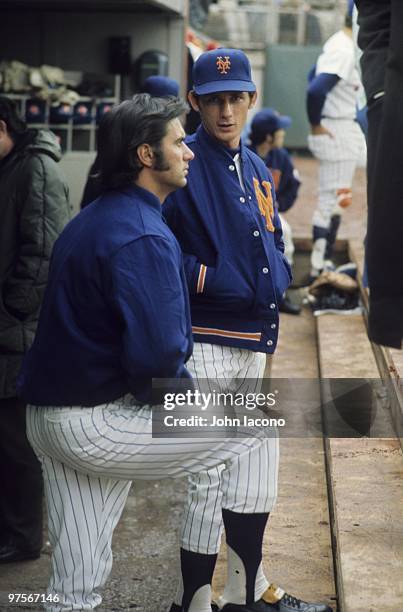 New York Mets Bud Harrelson with Jim Fregosi in dugout during game vs Pittsburgh Pirates. Flushing, NY 4/15/1972 CREDIT: John Iacono