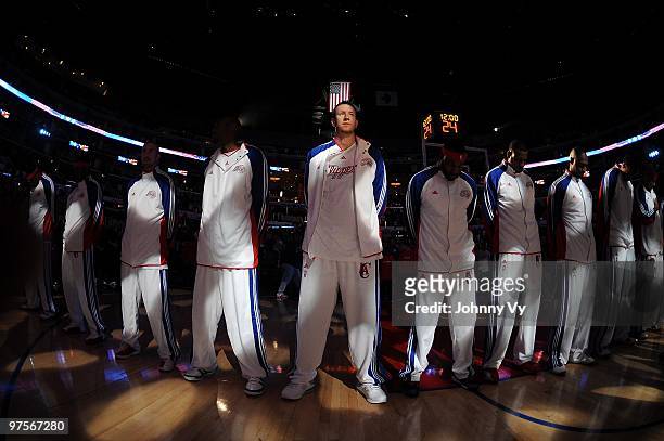 Steve Novak of the Los Angeles Clippers stands for the national anthem before the game against the Detroit Pistons on February 24, 2010 at Staples...