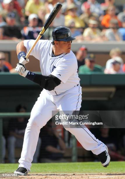 Miguel Cabrera of the Detroit Tigers bats against the Atlanta Braves during a spring training game at Joker Marchant Stadium on March 8, 2010 in...