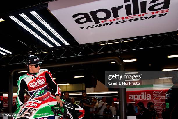 Scott Redding of England and Aprilia Racing Team Gresini in his box during the free practice of the Gran Premi Monster Energy de Catalunya, Circuit...