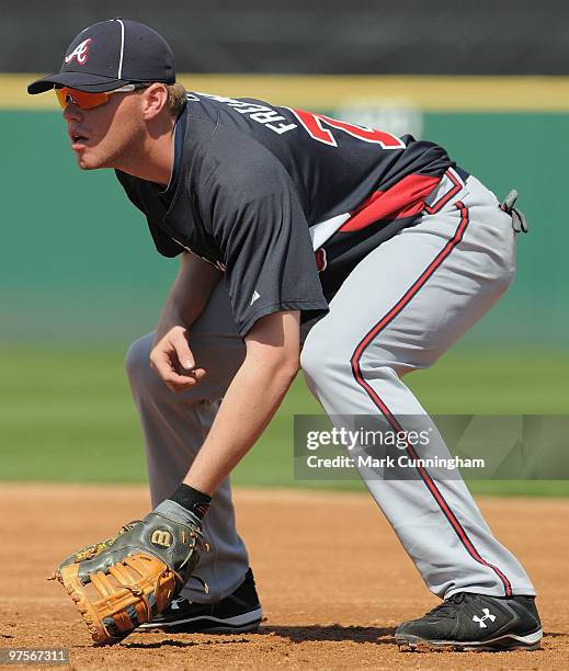 Freddie Freeman of the Atlanta Braves fields against the Detroit Tigers during a spring training game at Joker Marchant Stadium on March 8, 2010 in...