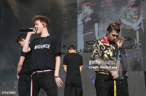Jonah Marias, Zach Herron, Daniel Seavey, Jack Avery and Corbyn Besson of Why Don't We performs onstage during 2018 BLI Summer Jam at Northwell...