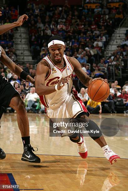 Daniel Gibson # of the Cleveland Cavaliers drives to the basket against the San Antonio Spurs on March 8, 2010 at The Quicken Loans Arena in...