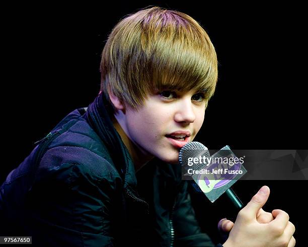 Justin Bieber speaks during a meet and greet to promote his new CD ' My World 2.0' at the Q102 radio station on March 8, 2010 in Bala Cynwyd,...