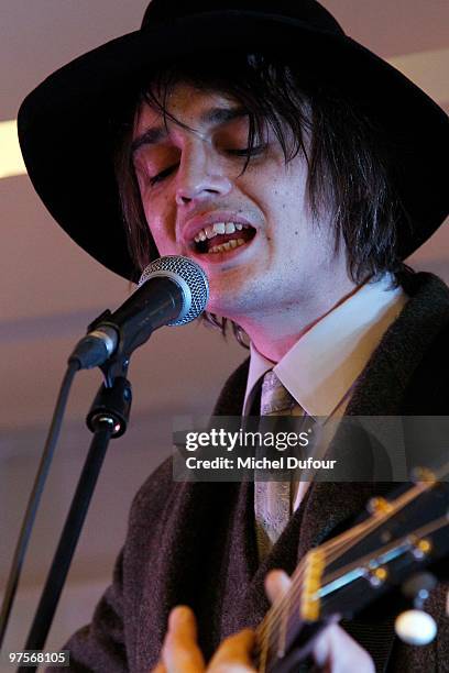 Pete Doherty performs at the Joseph Flagship Opening party on March 8, 2010 in Paris, France.