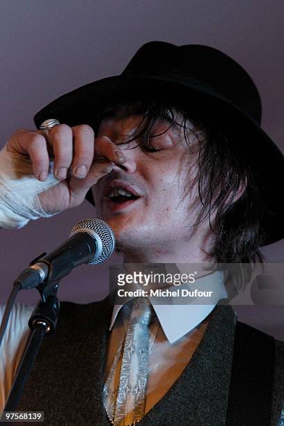 Pete Doherty performs at the Joseph Flagship Opening party on March 8, 2010 in Paris, France.