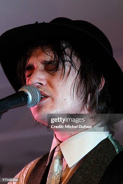 Pete Doherty performs at the Joseph Flagship Opening party on March 8, 2010 in Paris, France.