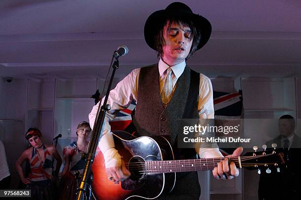 Pete Doherty performs at the Joseph Flagship Opening party on March 8, 2010 in Paris, France.