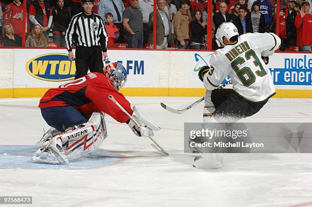 Semyon Varlamov of the Washington Capitals makes a save during a shotout of a NHL hockey game against a shot by Mike Robeiro ofthe Dallas Stars on...