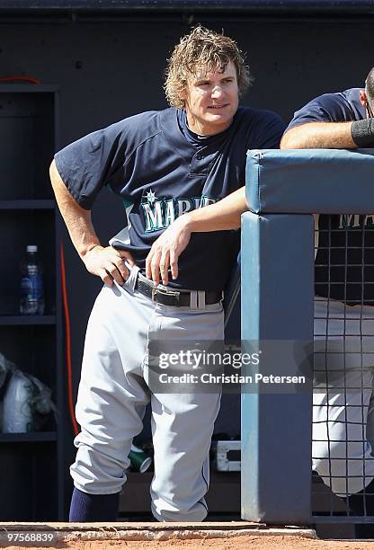 Eric Byrnes of the Seattle Mariners during the MLB spring training game against the San Diego Padres at Peoria Stadium on March 6, 2010 in Peoria,...