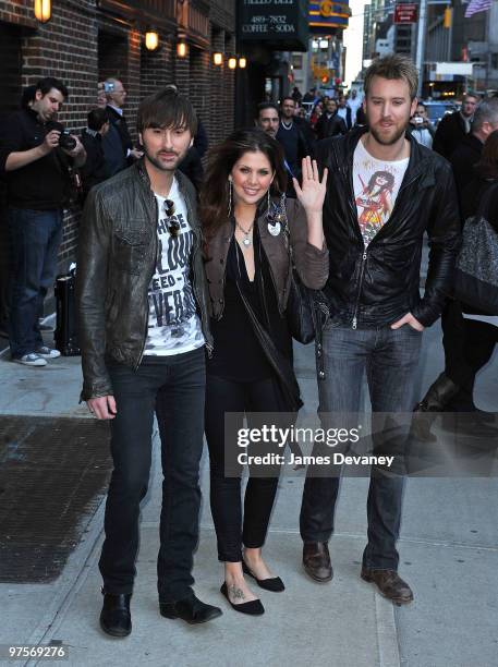 Charles Kelley, Hillary Scott and Dave Haywood of Lady Antelbellum visit "Late Show With David Letterman" at the Ed Sullivan Theater on March 8, 2010...
