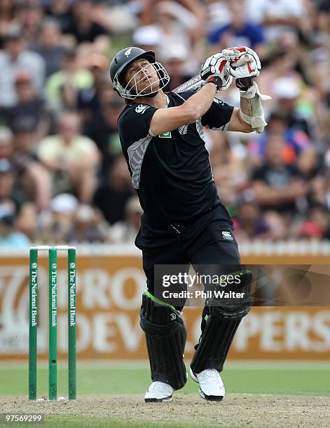 Shane Bond of New Zealand bats during the One Day International match between New Zealand and Australia at Seddon Park on March 9, 2010 in Hamilton,...
