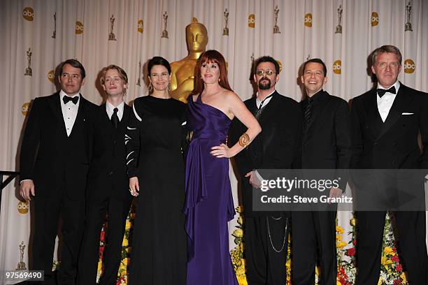 Actors Matthew Broderick, Macaulay Culkin, Ally Sheedy, Molly Ringwald, Judd Nelson, Jon Cryer, and Anthony Michael Hall pose in the press room at...