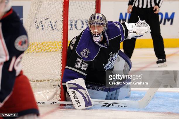 Jonathan Quick of the Los Angeles Kings stands in goal against the Columbus Blue Jackets on March 8, 2010 at Staples Center in Los Angeles,...