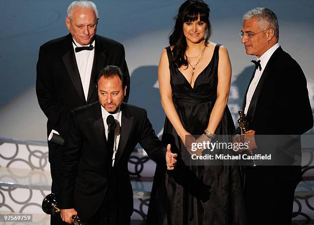 Animal activist Ric O'Barry, producers Fisher Stevens and Paula DuPre Pesmen, and director Louie Psihoyos onstage during the 82nd Annual Academy...