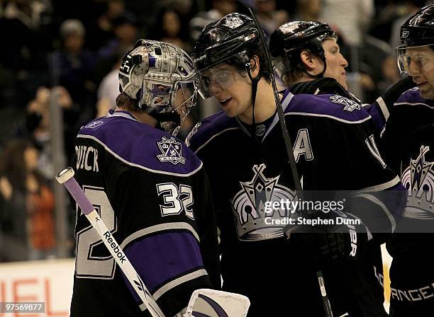 Goaltender Jonathan Quick of the Los Angeles Kings is congratulated by Anze Kopitar after his shutout against the Columbus Blue Jackets on March 8,...